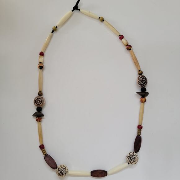 Tribal Boho Beaded Necklace With Carved Wood Bone Style Beads And Earthy Accents - Picture 1 of 10